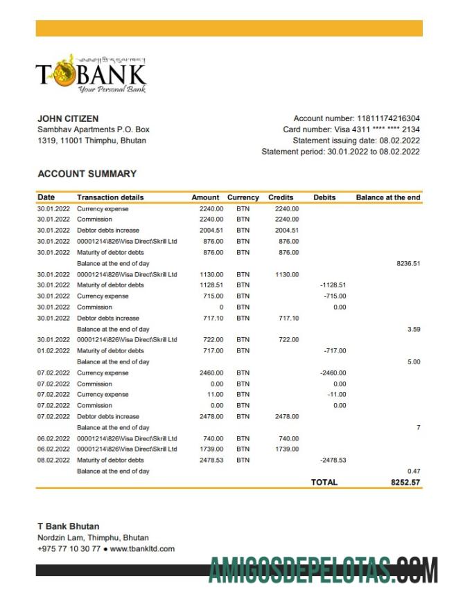 Exemplo de extrato bancário T do Butão Xls